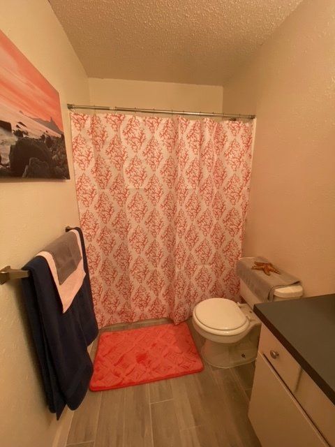 A bathroom with a toilet and a shower curtain