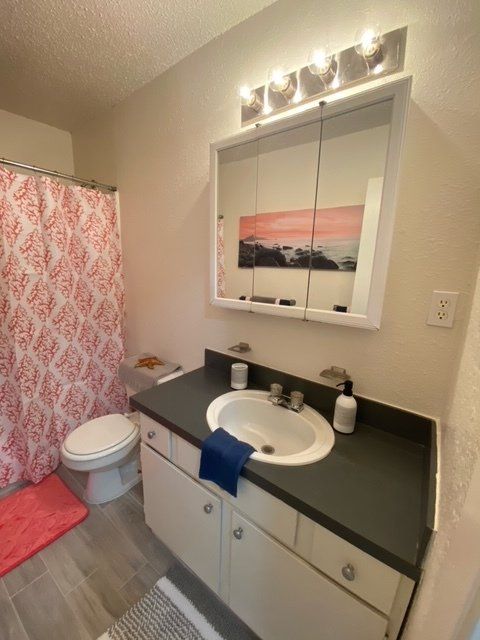 A bathroom with a toilet sink and mirror