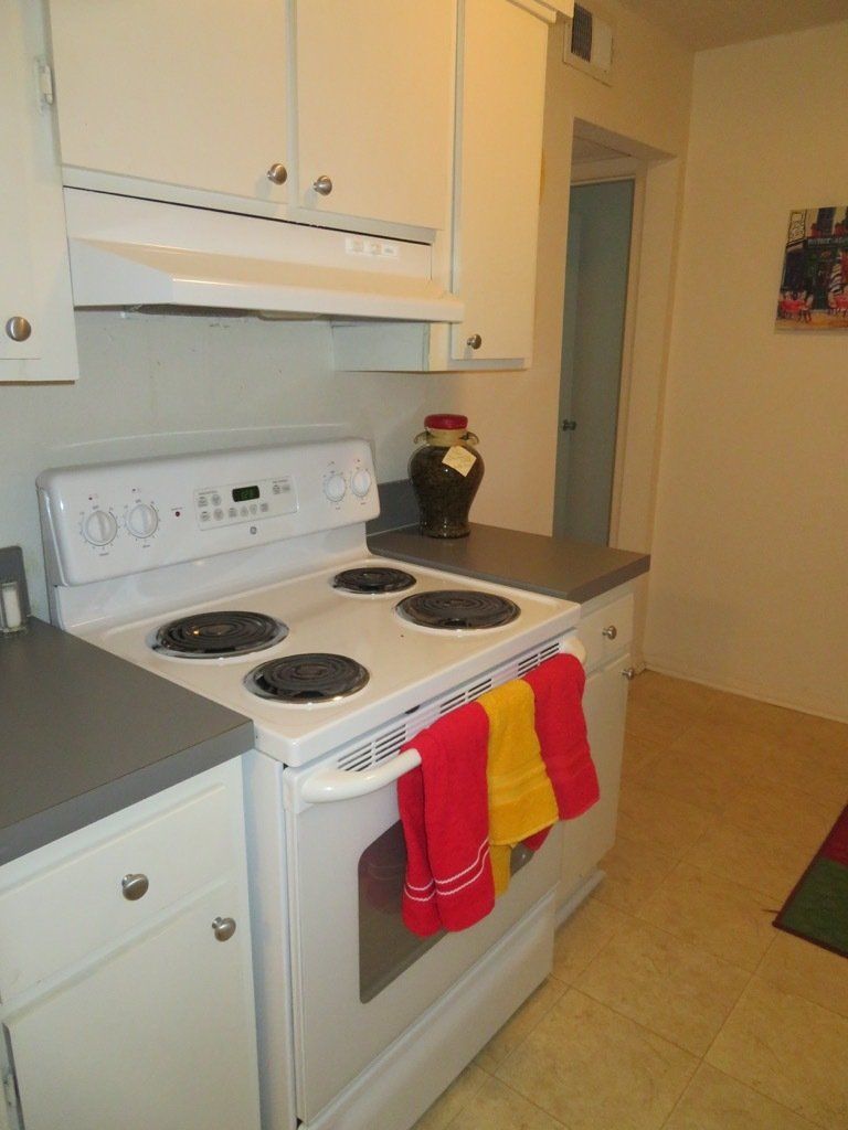 white accented kitchen appliances, and image of normal kitchen setup at Lions Court Apartments in Wichita Falls, TX