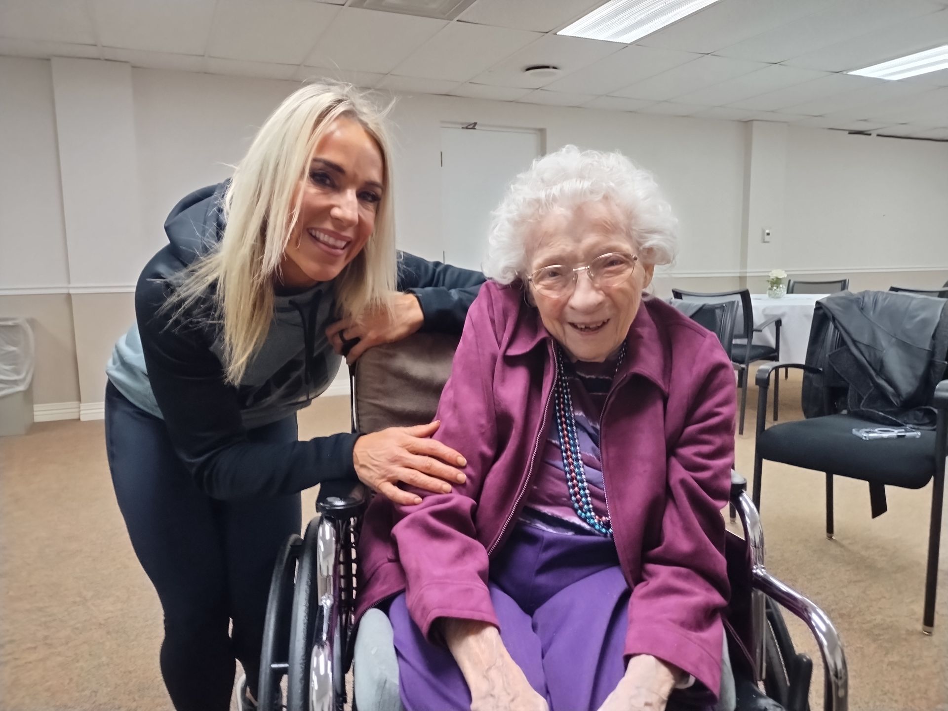 Doris Oncken celebrates her 104th birthday with her fitness trainer Jennifer Stoliker.