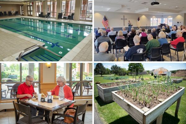 Photos of the various amenities and activities at Wesley Willows and Peterson Meadows