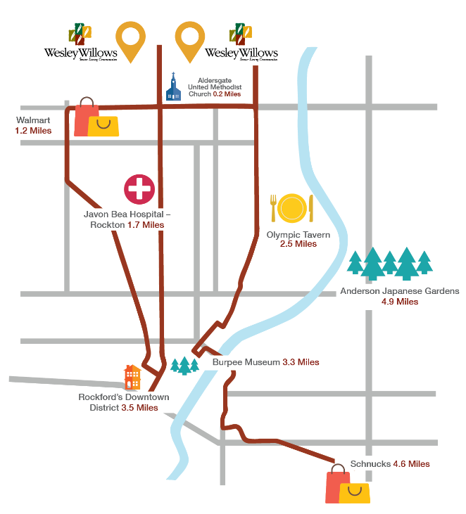 Map of attractions near Wesley Willows retirement community