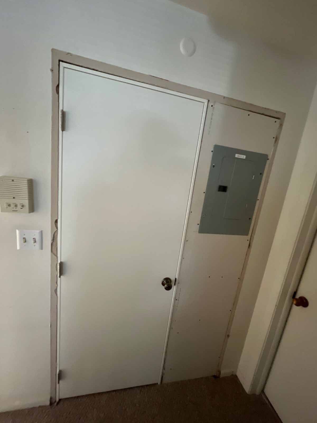 White door and panel with electrical box in a hallway.