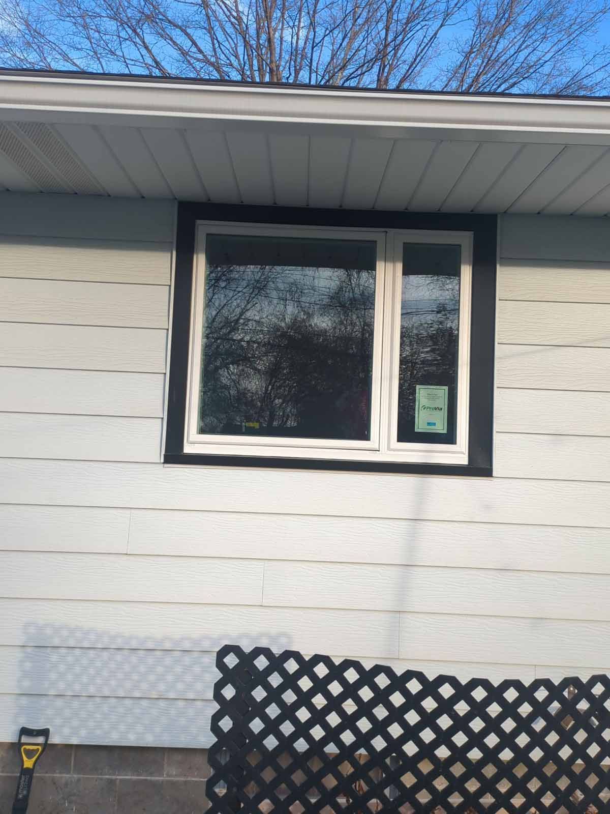 Window with white frame and dark trim on a light blue-sided building. A black lattice is in the foreground.