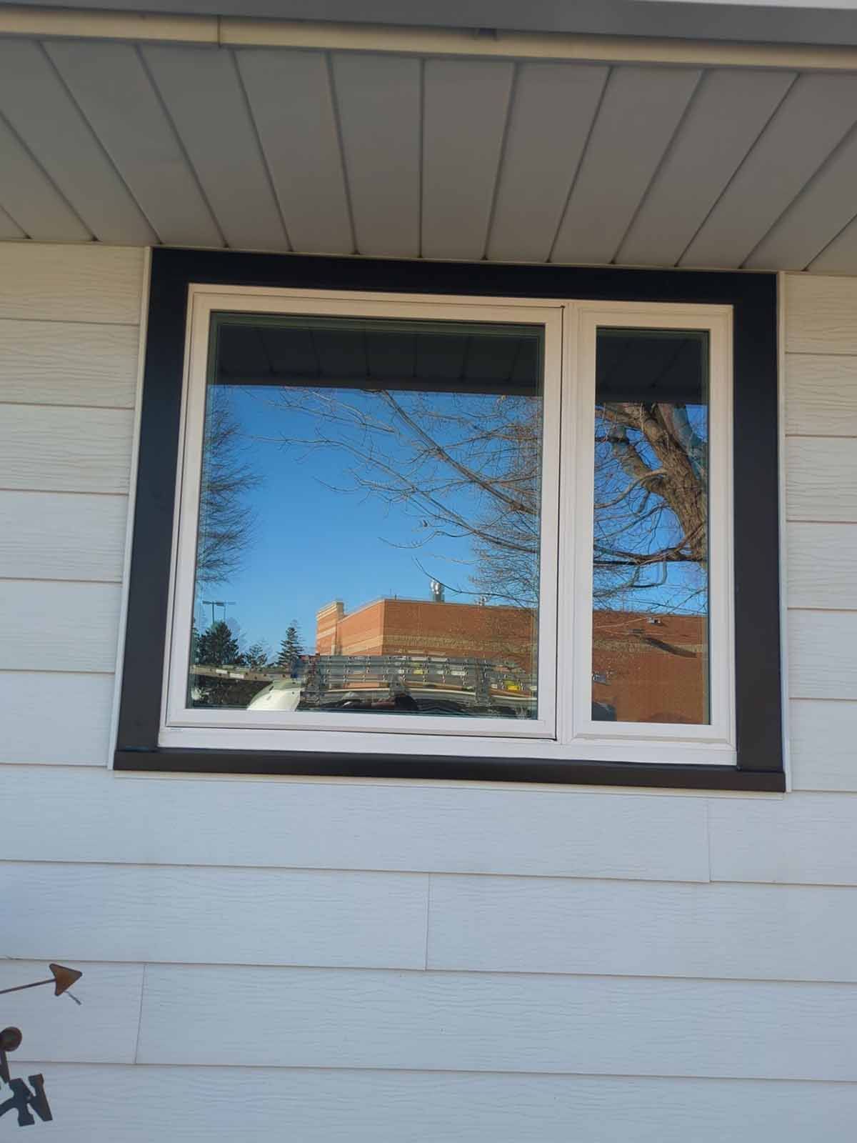 Window with black trim reflecting trees, blue sky, and a building on white siding.