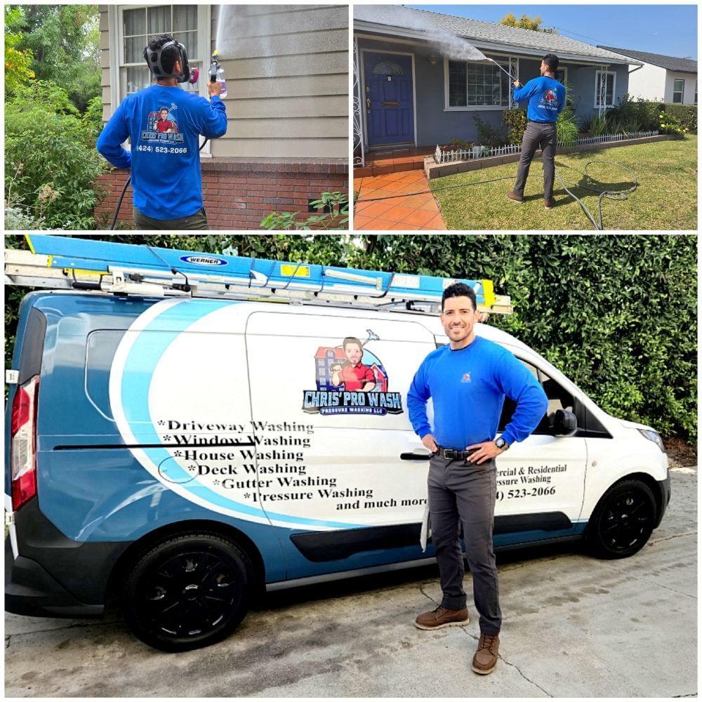 A man is standing in front of a van that says driveway washing