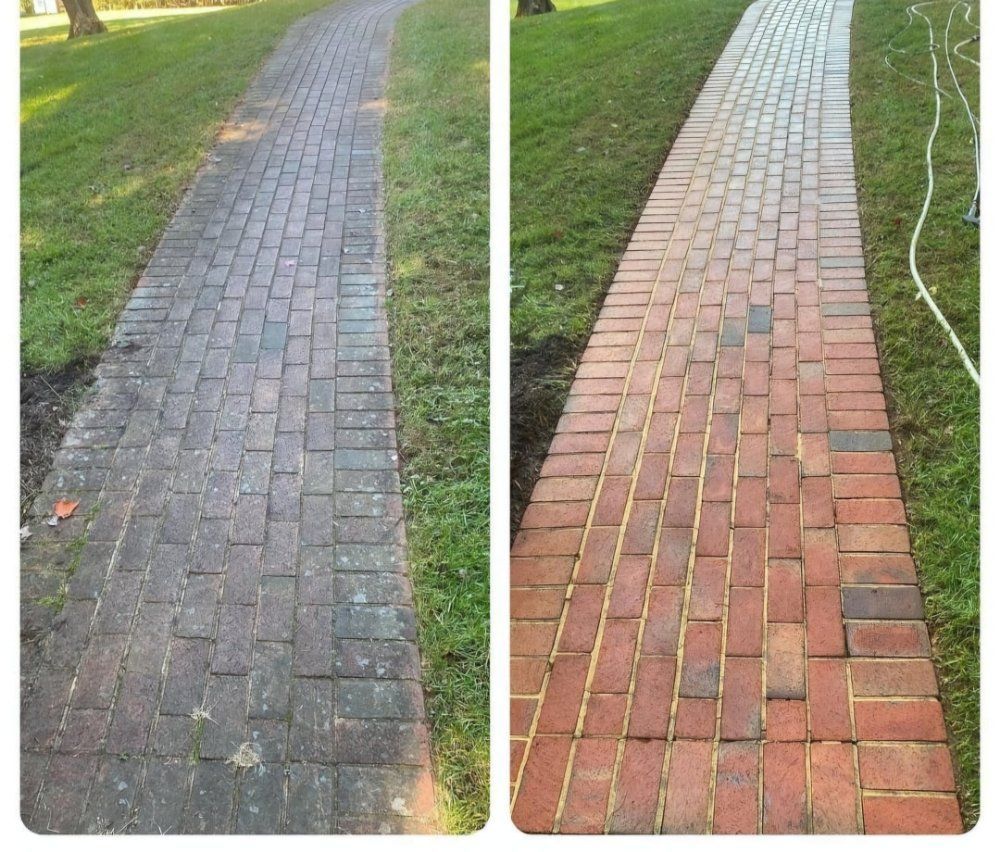 A before and after picture of a brick walkway.