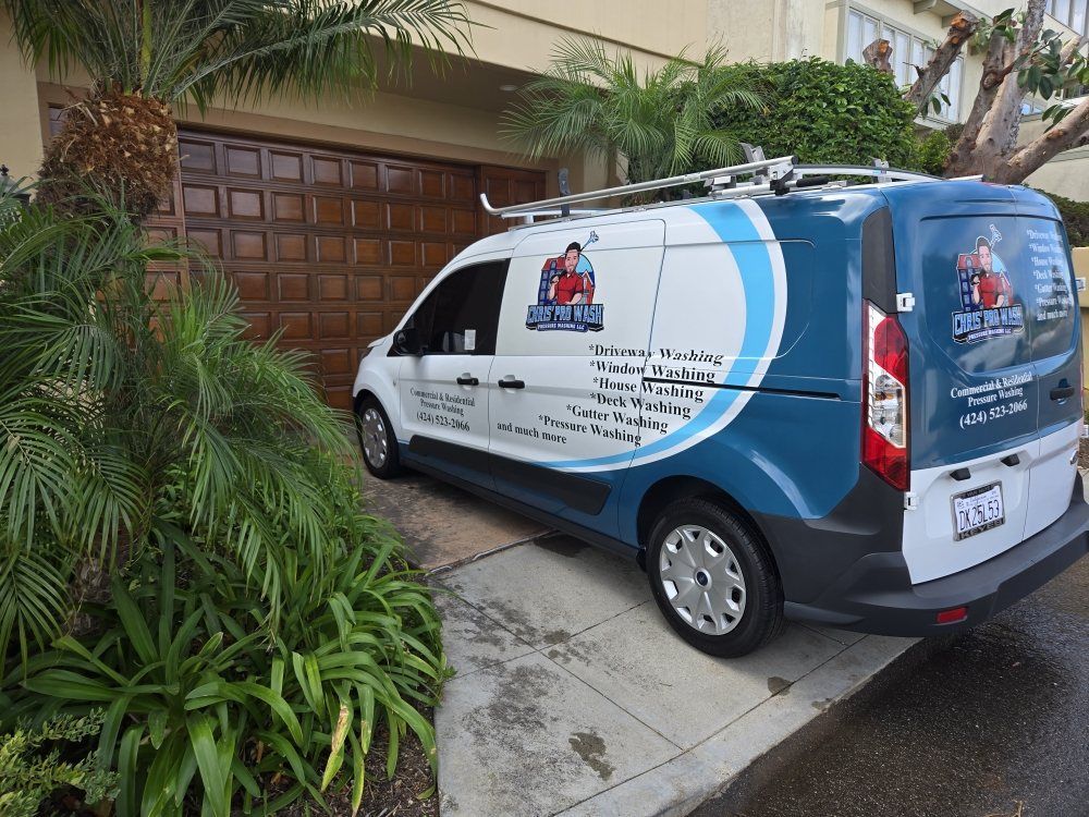 A blue and white van is parked in front of a garage door.