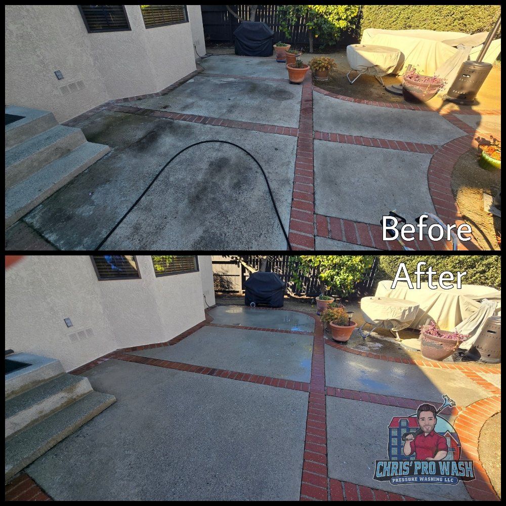 A before and after photo of a patio being cleaned by chris pro wash.