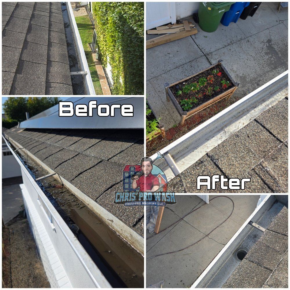 A before and after photo of a gutter cleaning