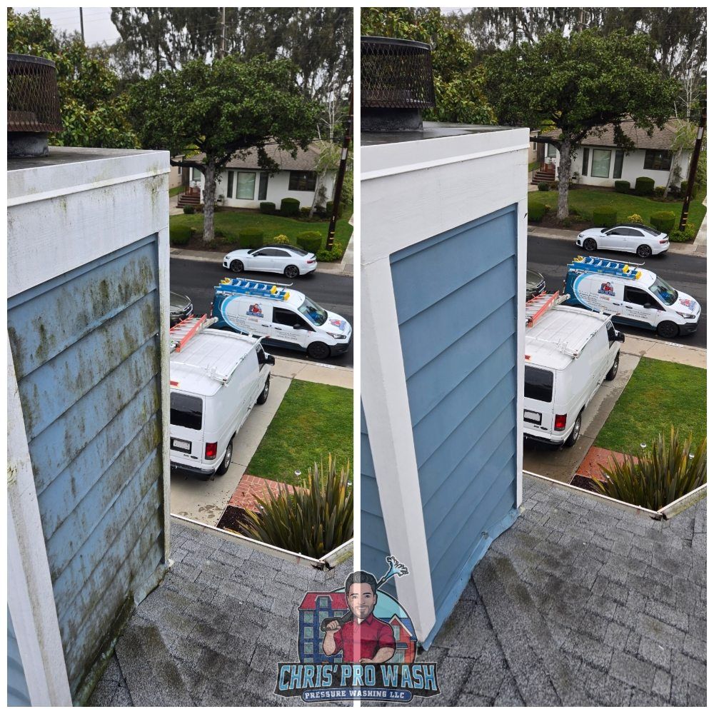 A before and after photo of a garage door being cleaned by chris pro wash