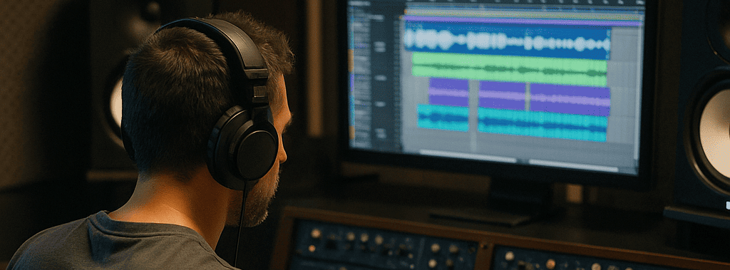 A man wearing headphones is sitting in front of a computer in a recording studio.