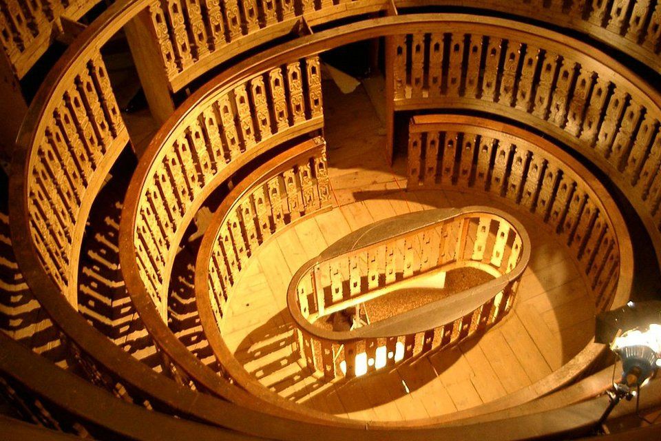An aerial view of a spiral staircase in a building