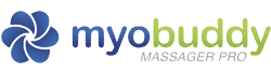 A blue and green logo for myobuddy massager pro