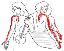 A black and white drawing of a woman holding a violin.