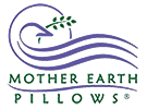 The logo for mother earth pillows is a purple wave with a tree in the background.