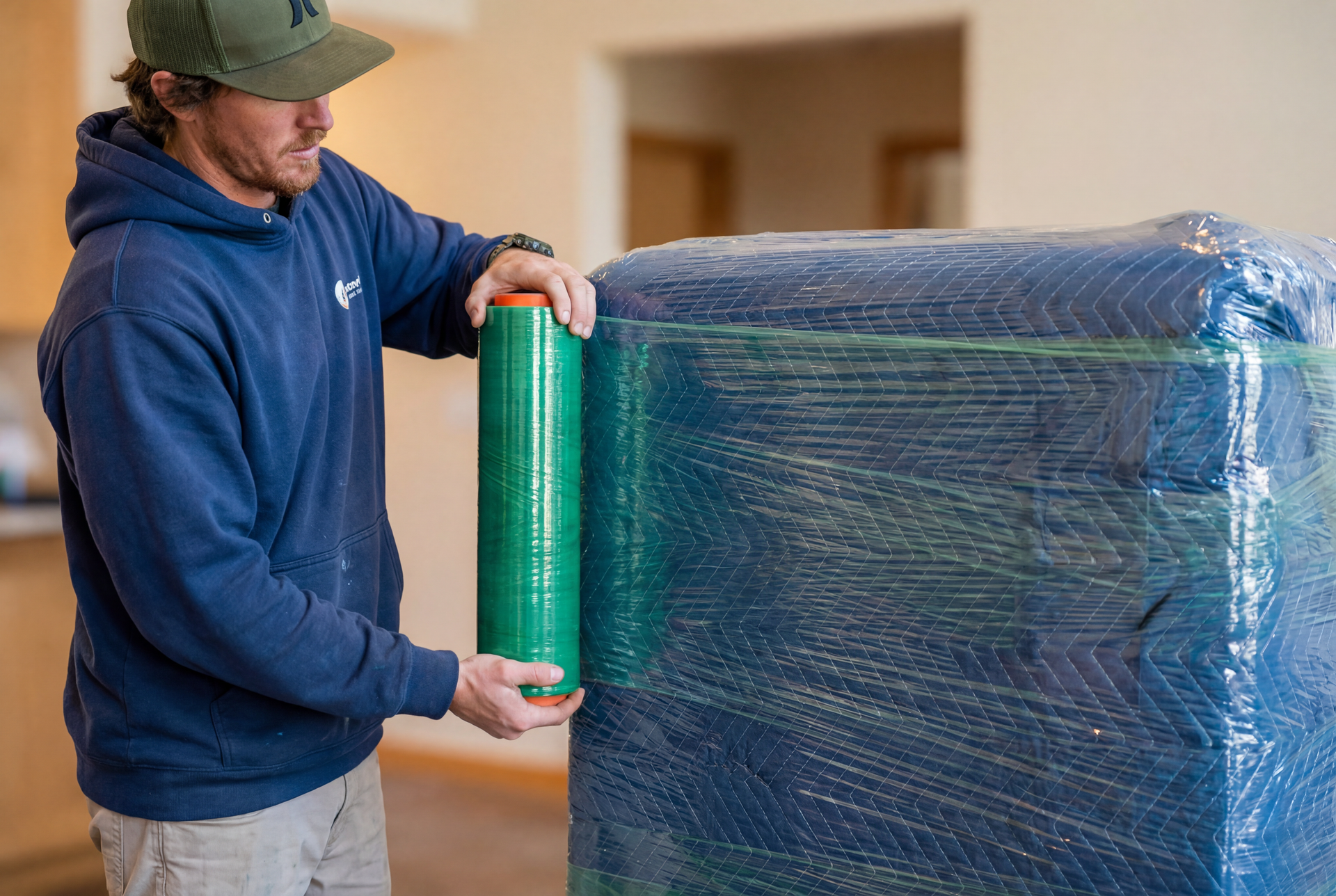 Man shrink-wrapping a large blue object with green plastic wrap in a room
