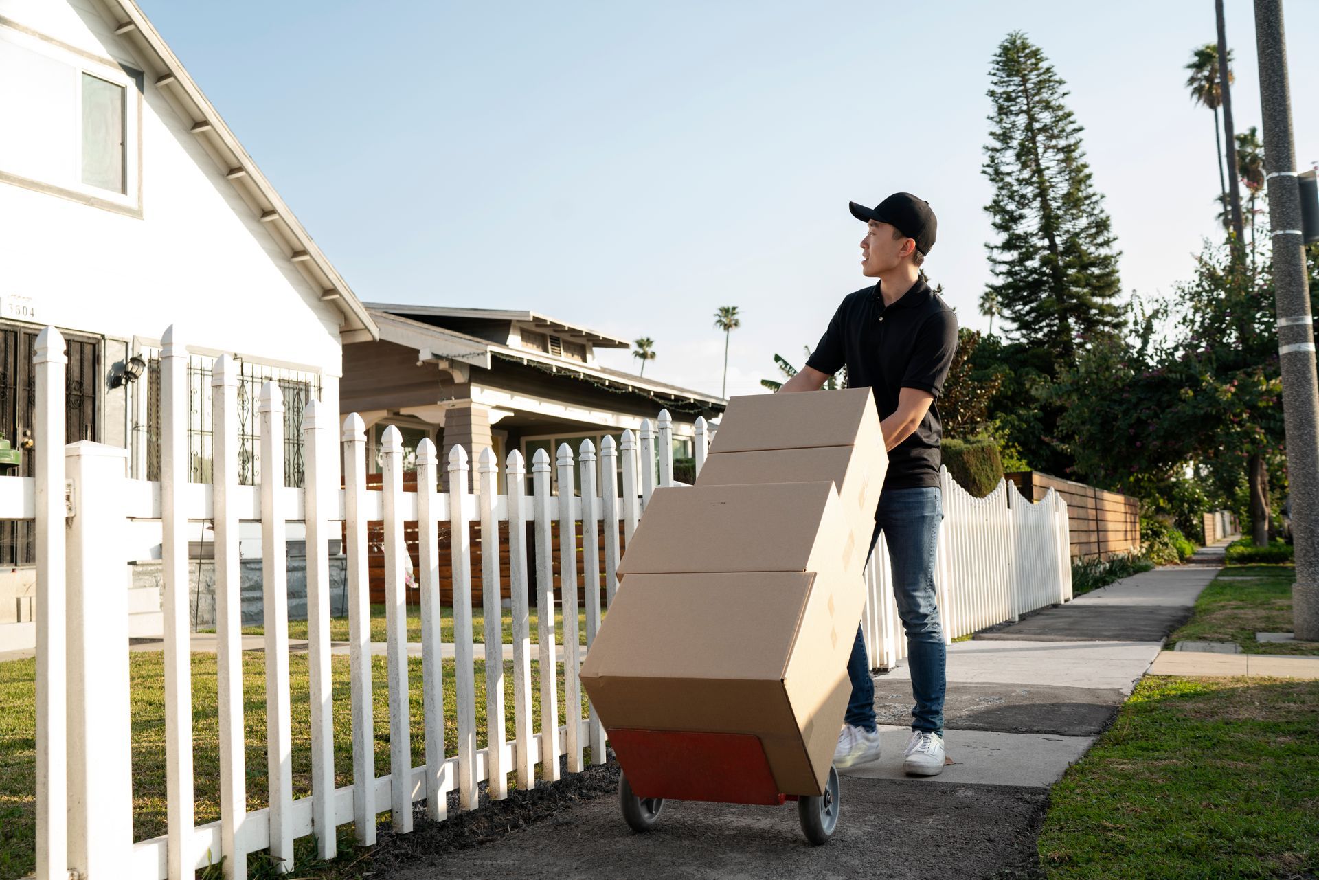 Delivery person pulling boxes in a wagon down a sidewalk next to a house with a white picket fence.