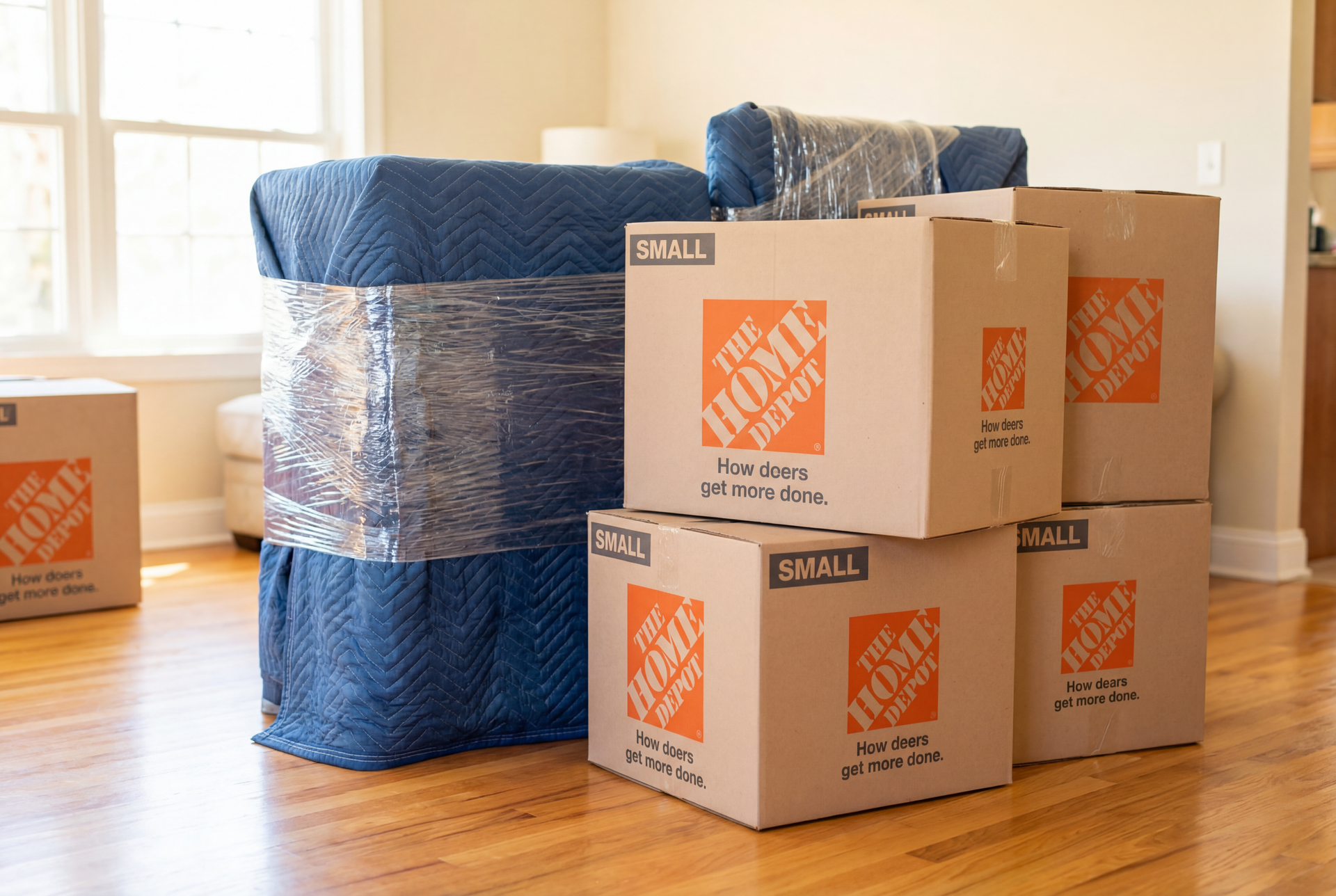Moving boxes and furniture wrapped in blue blankets and plastic in a room with hardwood floors.