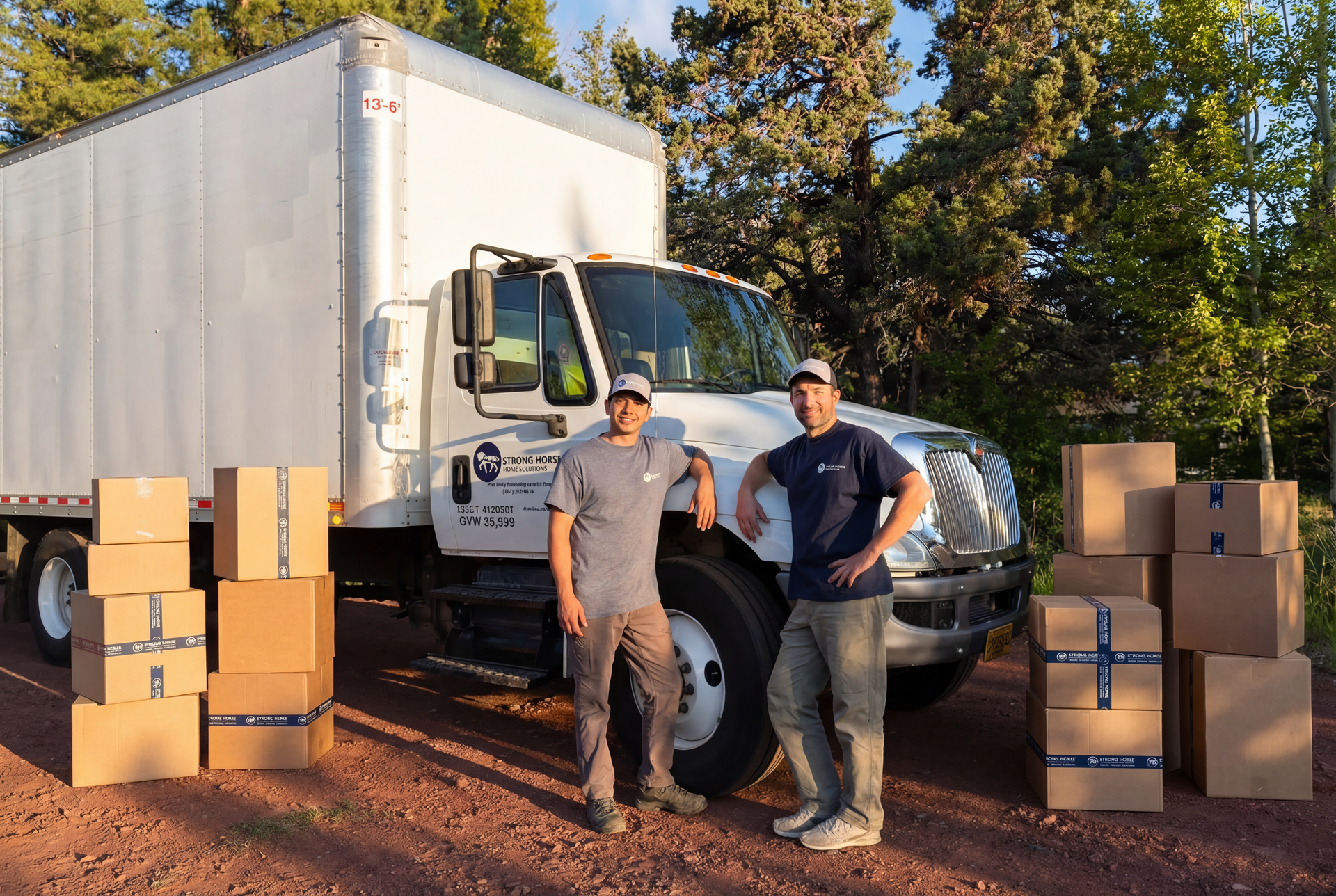 Two movers stand by a moving truck with cardboard boxes.
