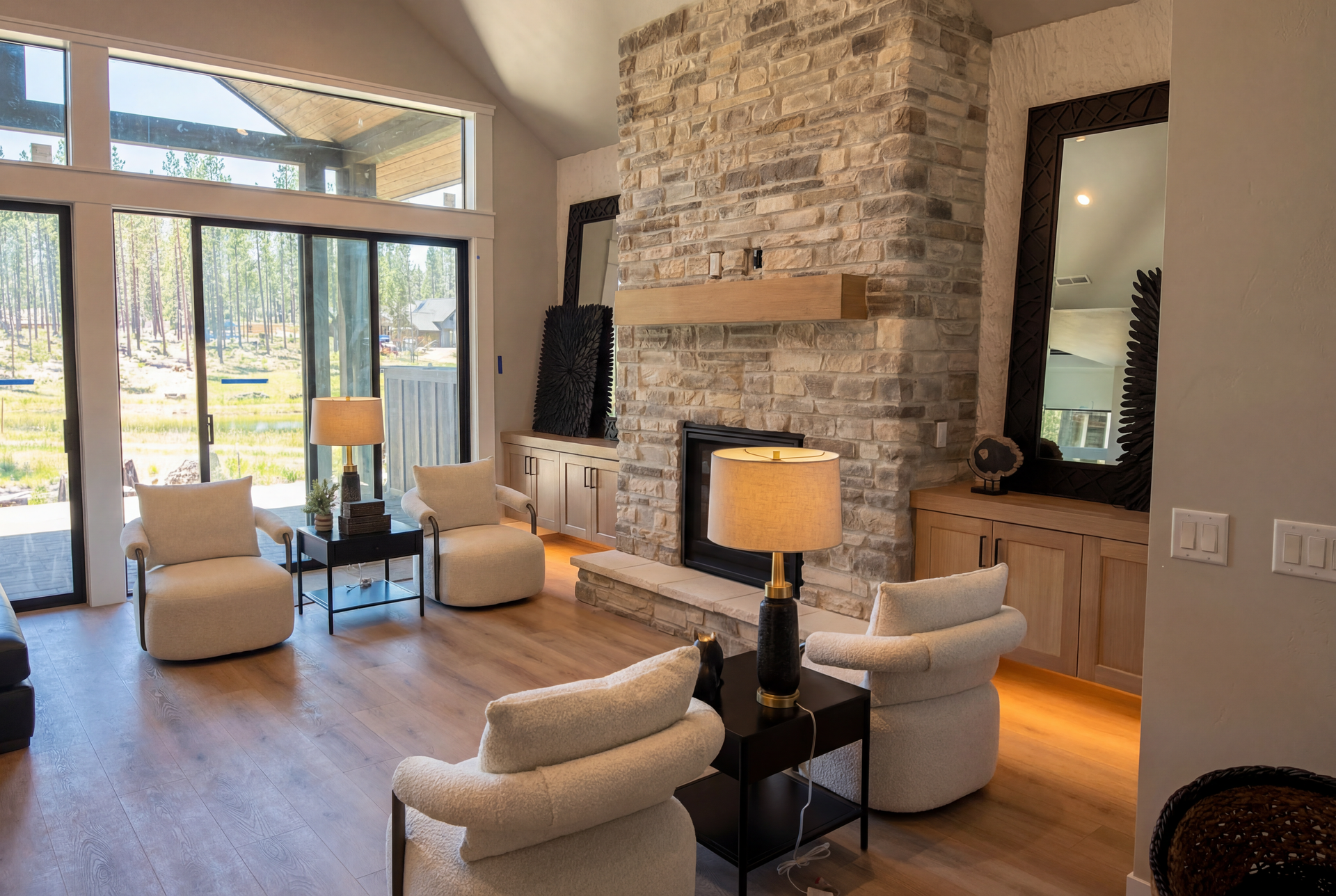 A living room filled with furniture and a fireplace.