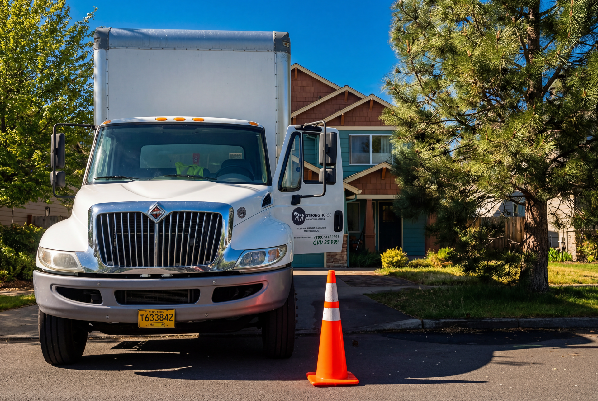 White moving truck parked in front of a house, orange cone in foreground, door open.