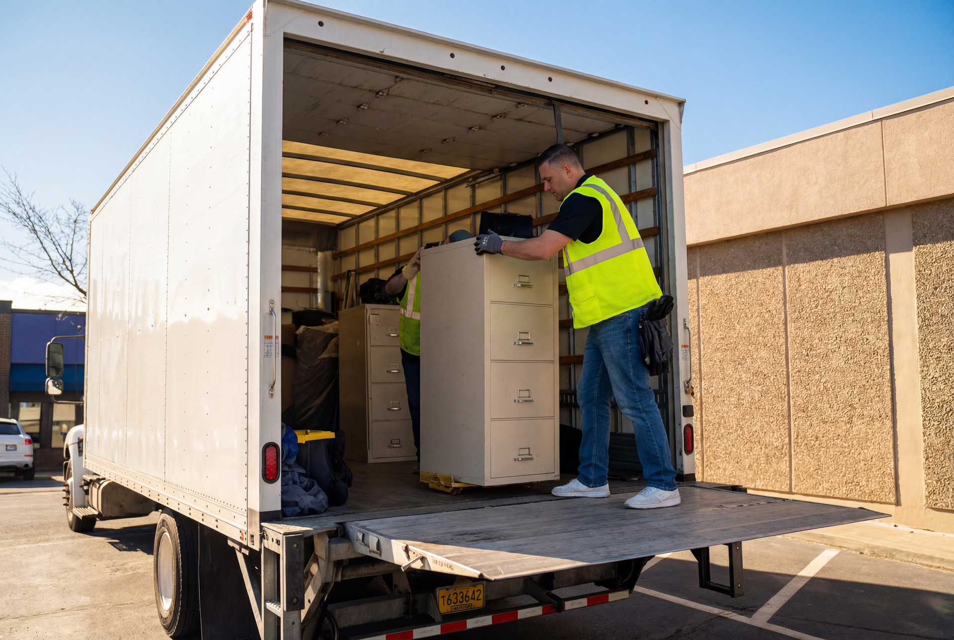 Two people in safety vests loading file cabinets onto a truck at a building.