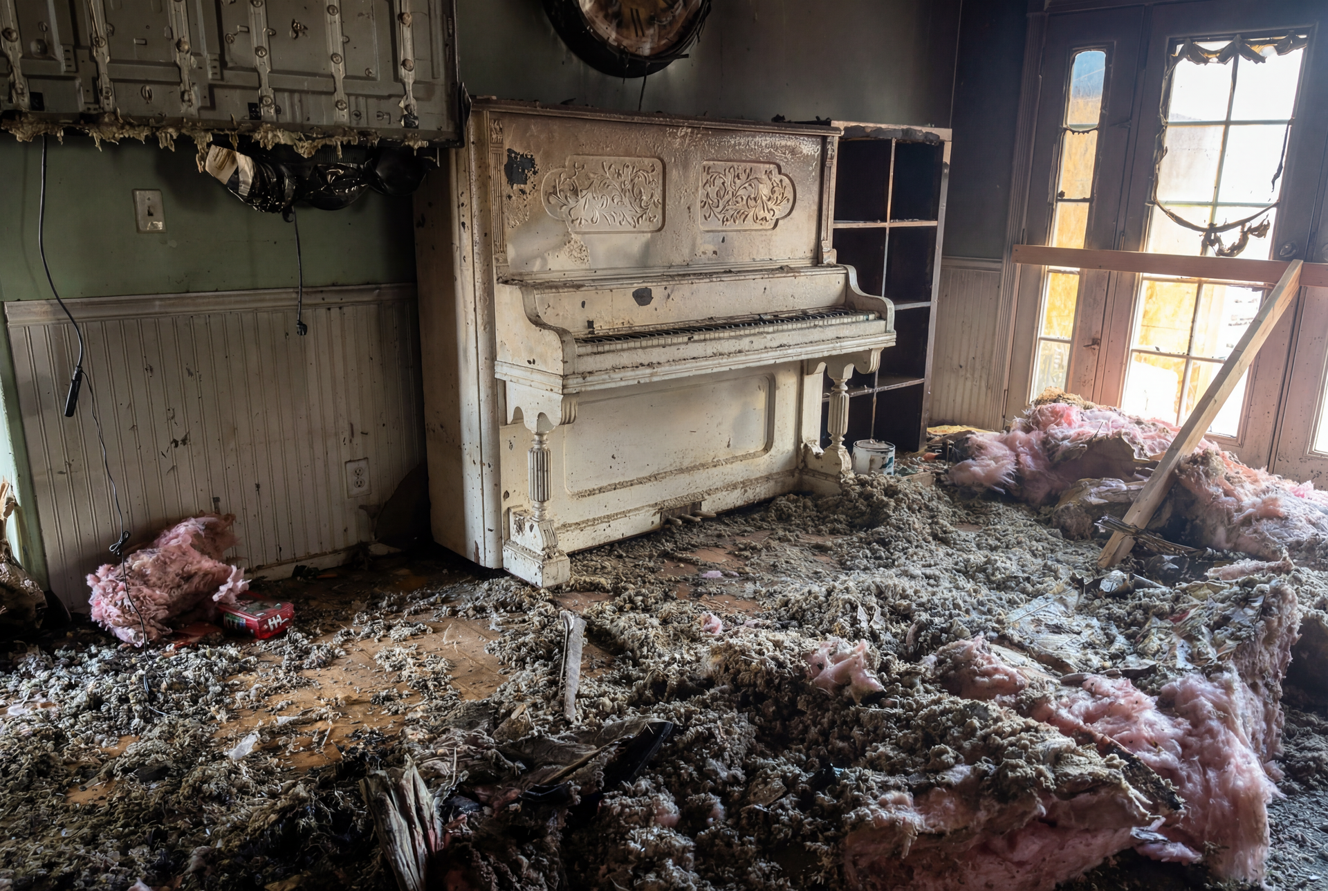 A white piano, damaged by fire, sits in a room covered in debris and insulation.