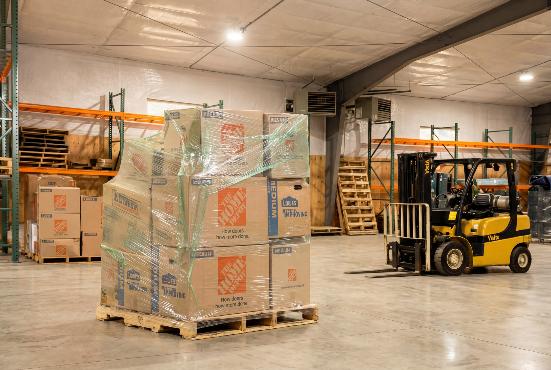 Forklift loading a pallet of wrapped cardboard boxes in a warehouse.