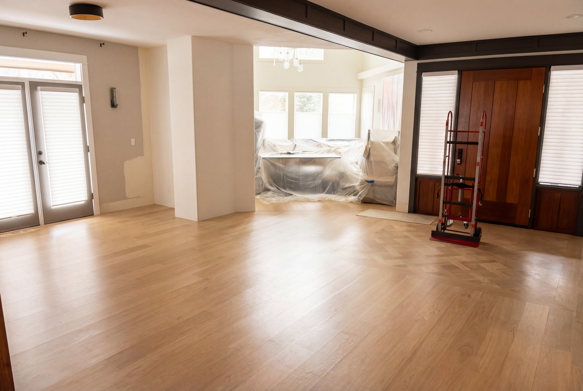 An empty living room with hardwood floors and sliding glass doors.