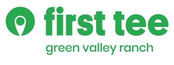 A green and white logo for first tee green valley ranch