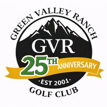 A 25th anniversary logo for Green Valley Ranch Golf Club, featuring a mountain silhouette, black circle, and gold ribbon.