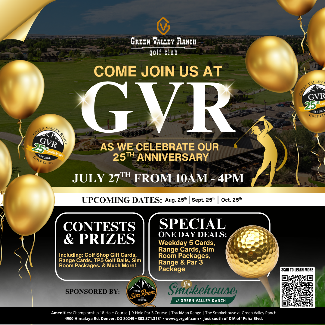 Green Valley Ranch Golf Club 25th Anniversary Event Series flyer with Memorial Day burgers, contests, and raffle prizes