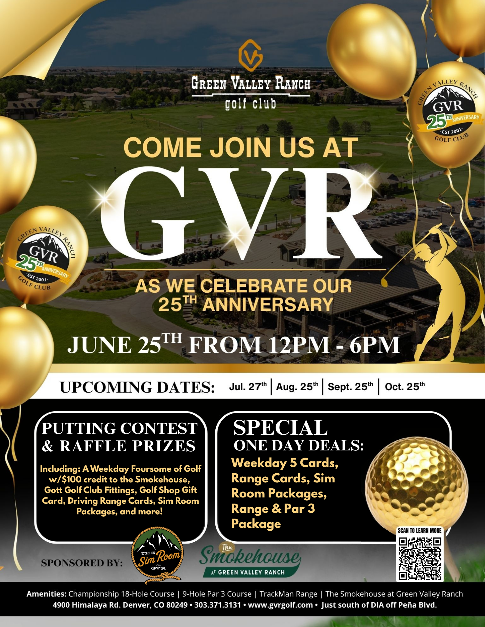 Green Valley Ranch Golf Club 25th Anniversary Event Series flyer with Memorial Day burgers, contests, and raffle prizes