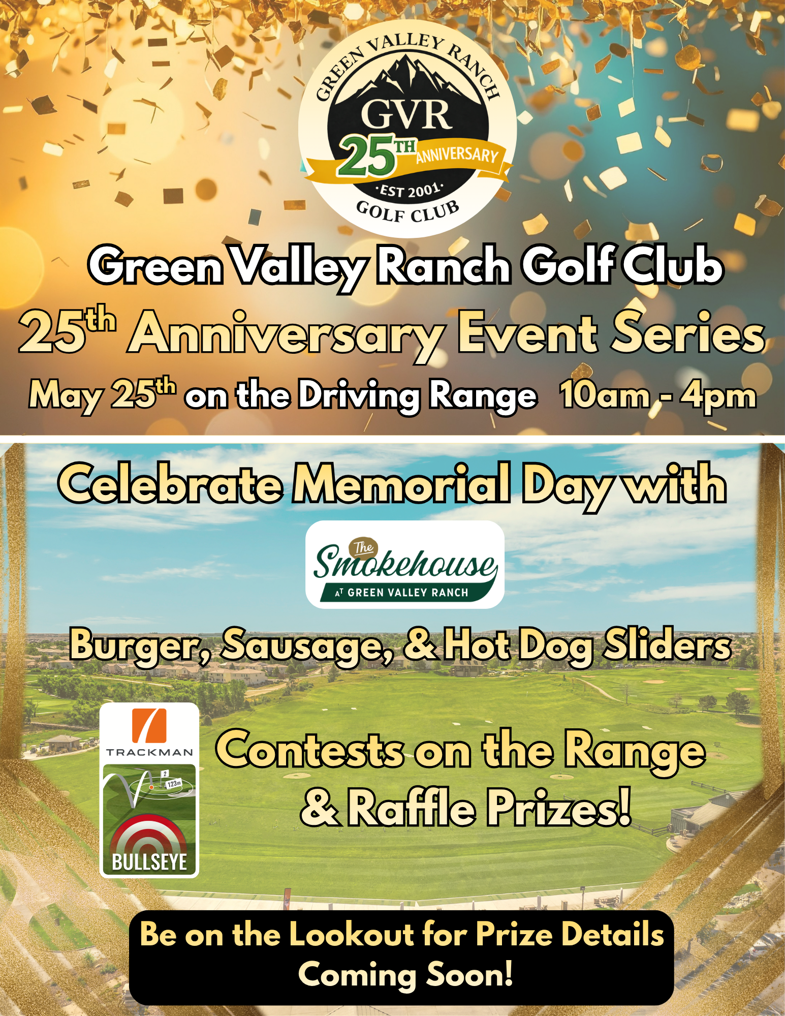 Green Valley Ranch Golf Club 25th Anniversary Event Series flyer with Memorial Day burgers, contests, and raffle prizes