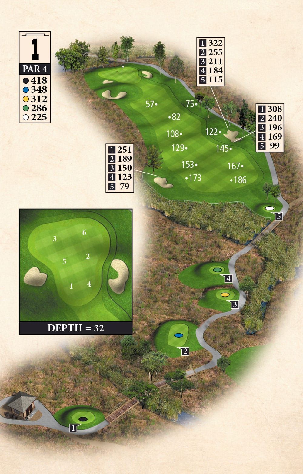 A map of a golf course with the number 1 on it.