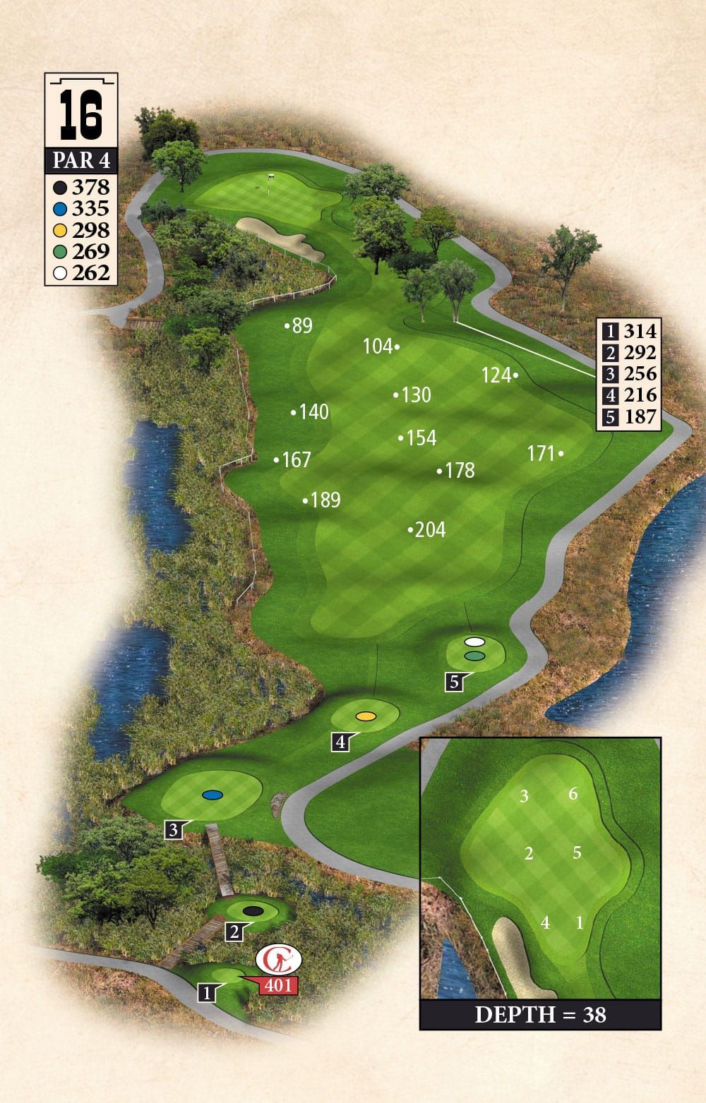 A map of a golf course with the number 16 on it