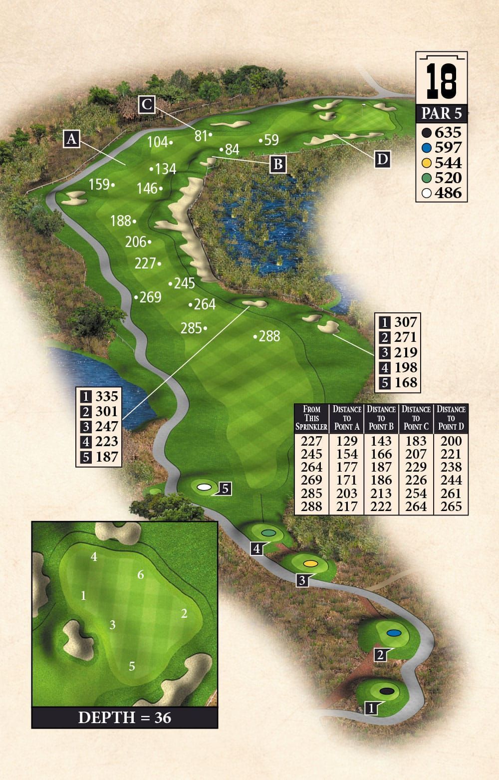 A map of a golf course with the number 18 on it.