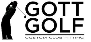 A black and white logo for gott golf custom club fitting