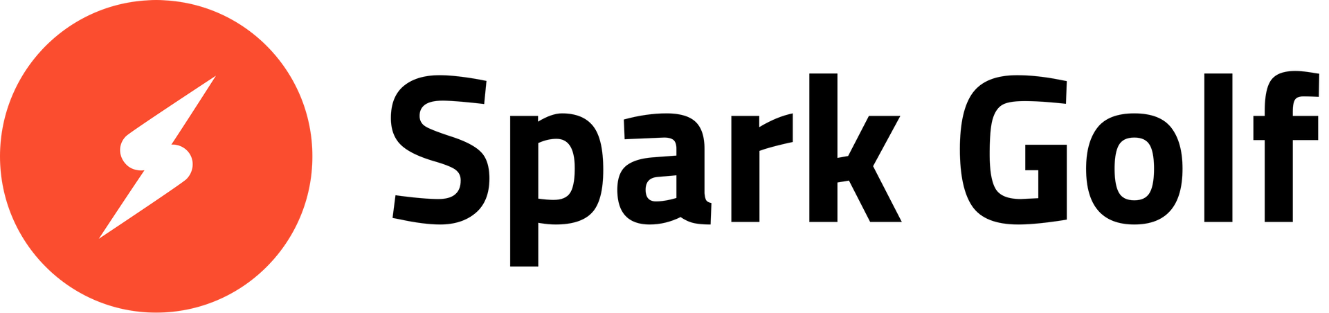 A logo for spark golf with a lightning bolt in a red circle.