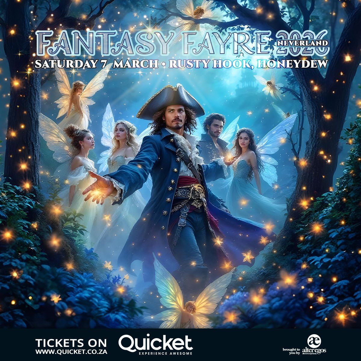 Fantasy Fayre 2026 poster. A pirate captain with fairies in a mystical forest setting. Saturday 7 March, Rusty Door, Honeydew.
