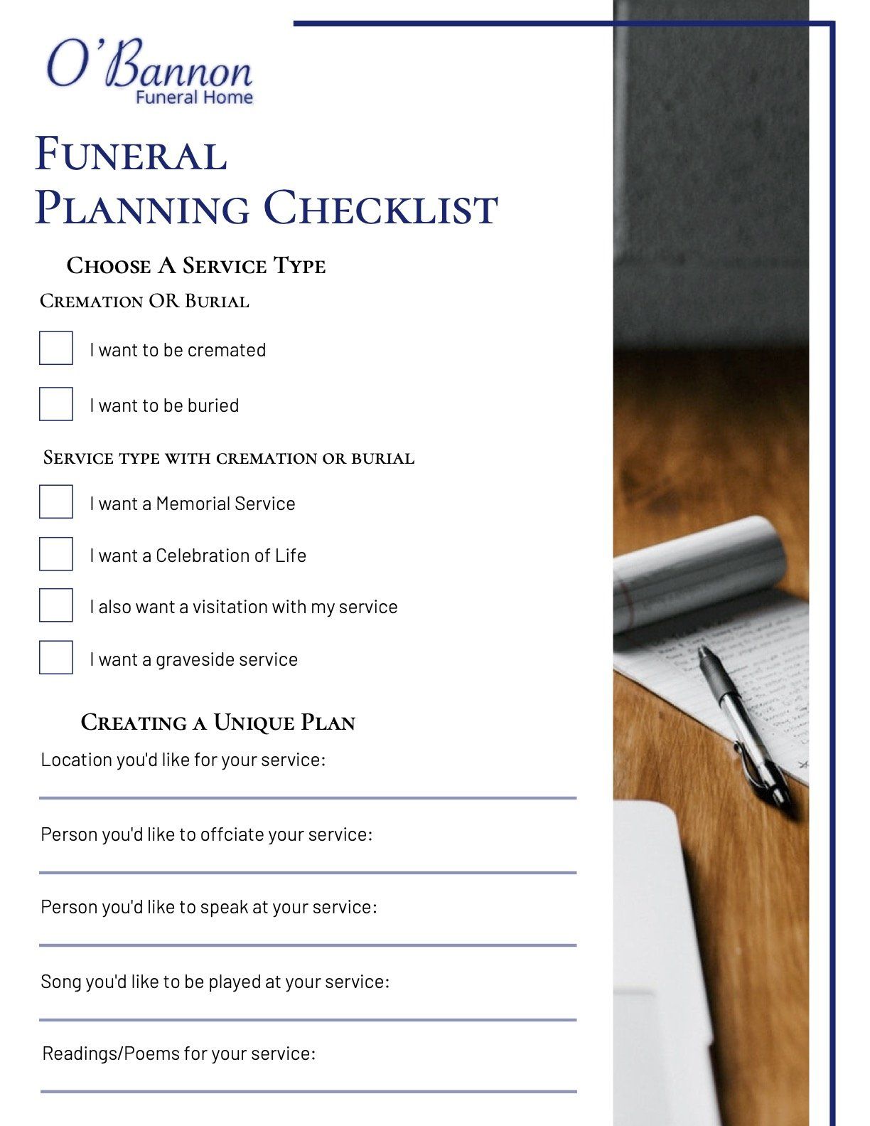 O'Bannon Funeral Pre-Planning Checklist