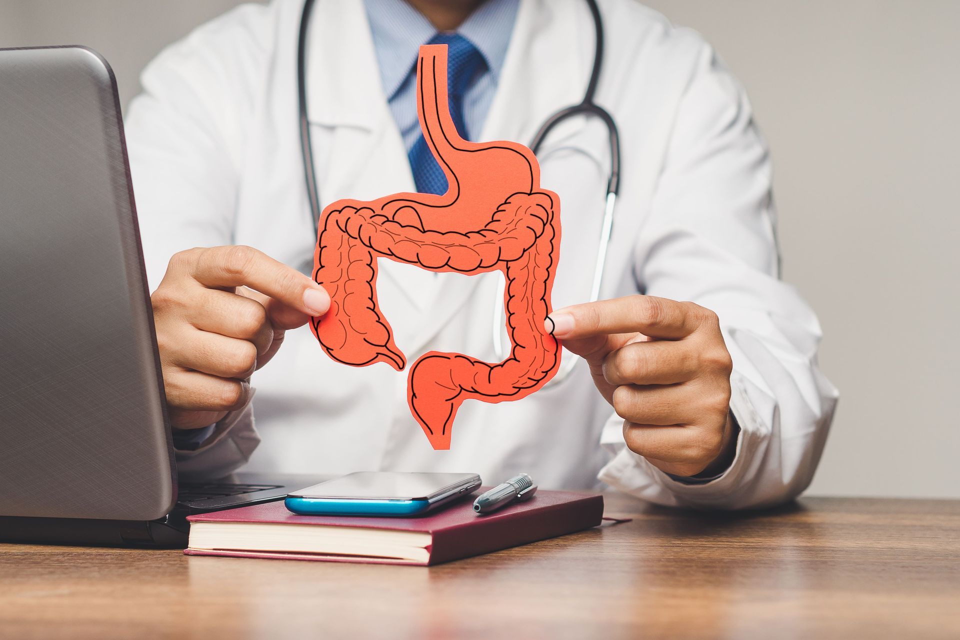 A doctor is holding a paper cut out of a large intestine.