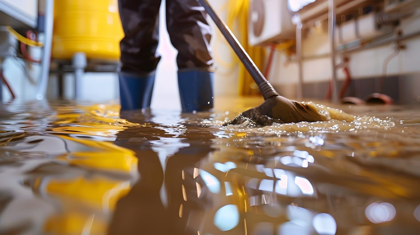 Person in waterproof gear uses a mop to clean a flooded room, with water reflecting surrounding lights and equipment.