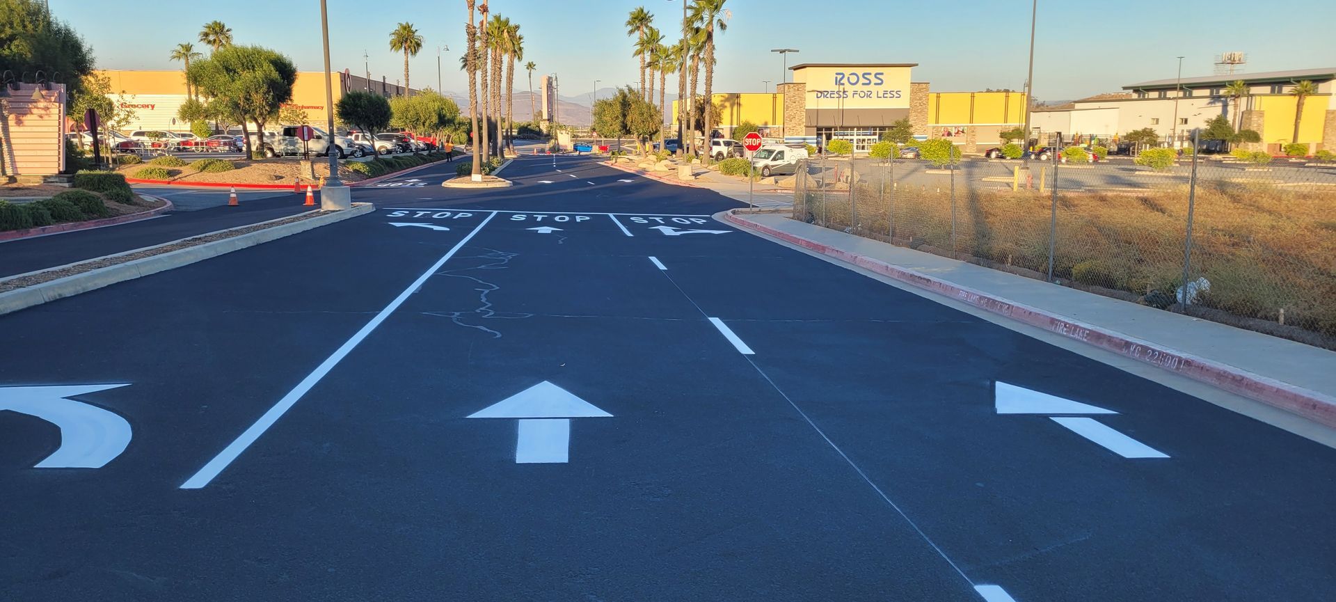 Empty road at sunset with white lane arrows and palm trees along the sides.