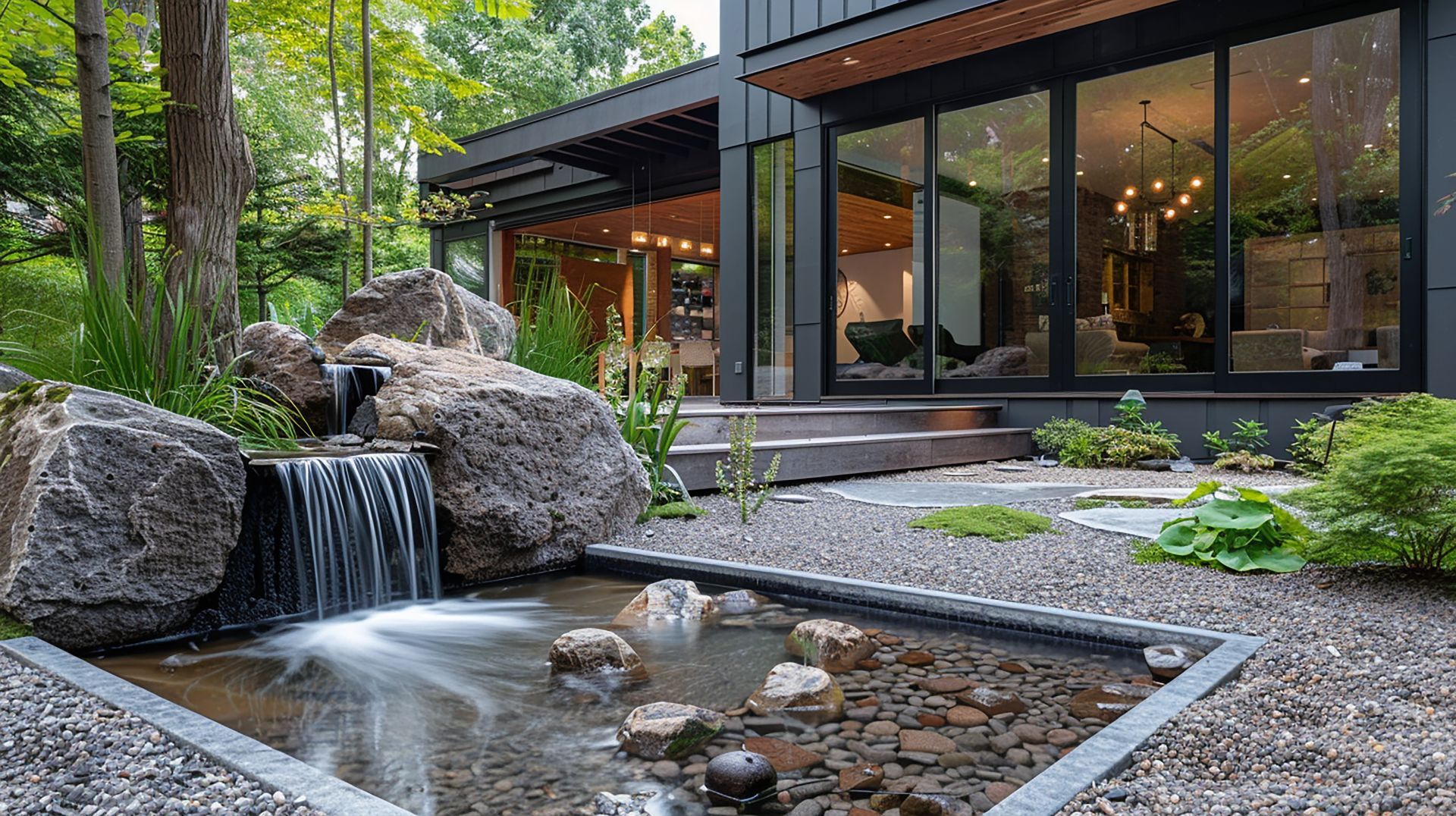 There is a waterfall in the backyard of a house.