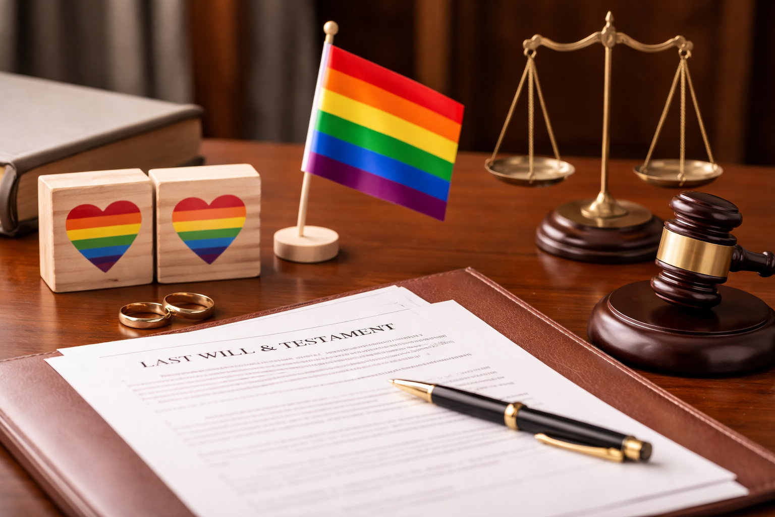 A legal document, gavel, scales of justice, rainbow flag, and two rainbow heart blocks on a wooden desk.