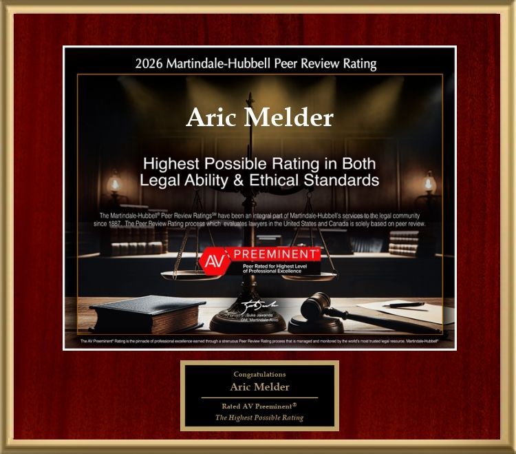 A plaque awarding Aric Melder the 2026 Martindale-Hubbell Peer Review Rating of AV Preeminent.