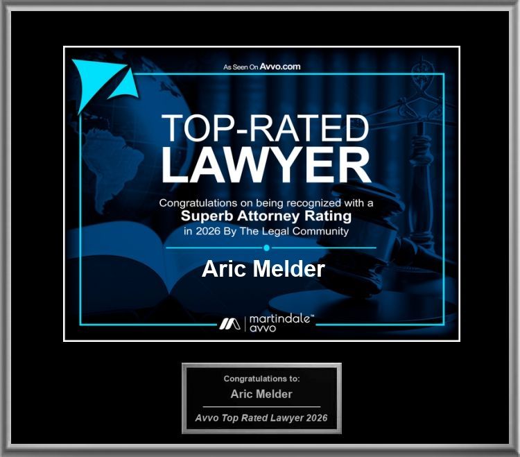 A blue-toned award plaque for Aric Melder, recognizing him as a 2026 Top-Rated Lawyer with a Superb Attorney Rating.