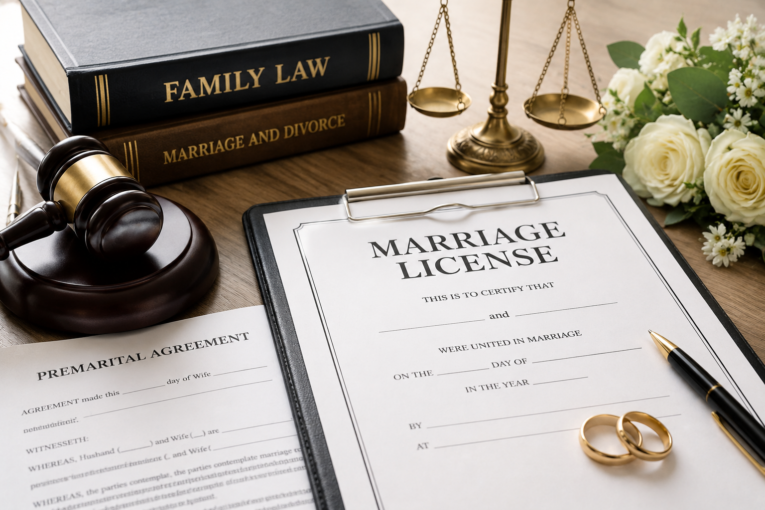 Marriage license documents with wedding rings, gavel, scales, and flowers on a desk, legal family law scene